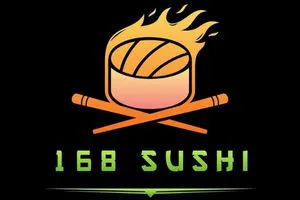 Logo of 168 Sushi with a flaming sushi roll and chopsticks at 168 Sushi & Kitchen, a Sushi Restaurant in Fairhaven.