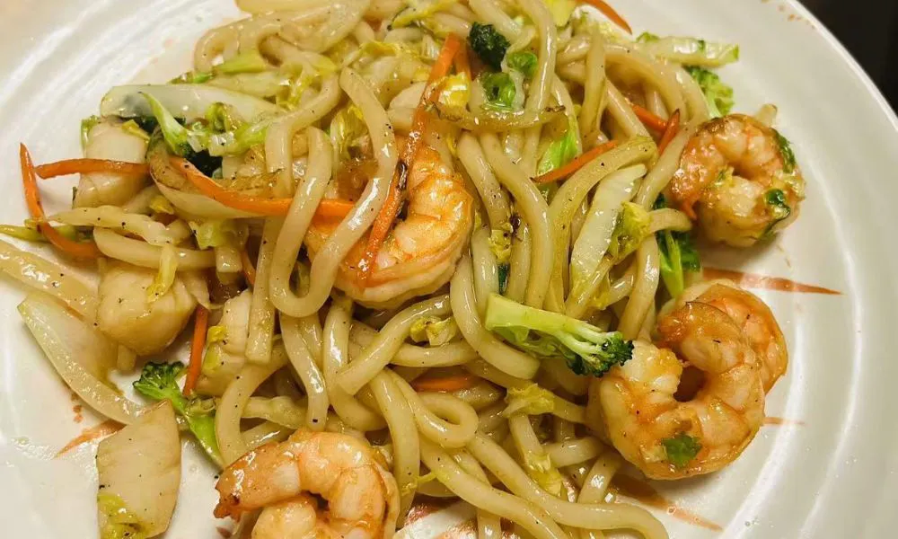 Stir-fried udon noodles with shrimp and vegetables at 168 Sushi & Kitchen, a Sushi Restaurant in Fairhaven.